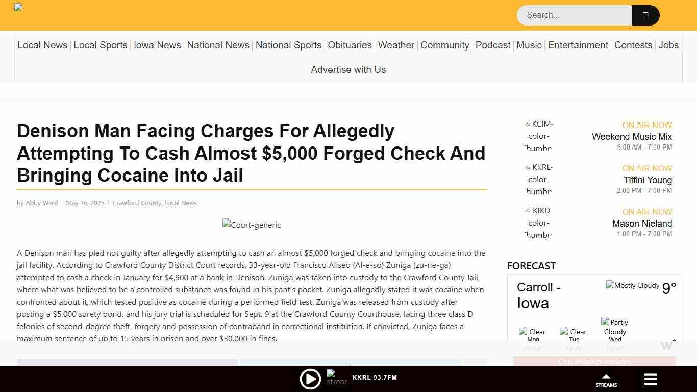 Denison Man Facing Charges For Allegedly Attempting To Cash Almost $5,000 Forged Check And Bringing Cocaine Into Jail Carroll Broadcasting Company